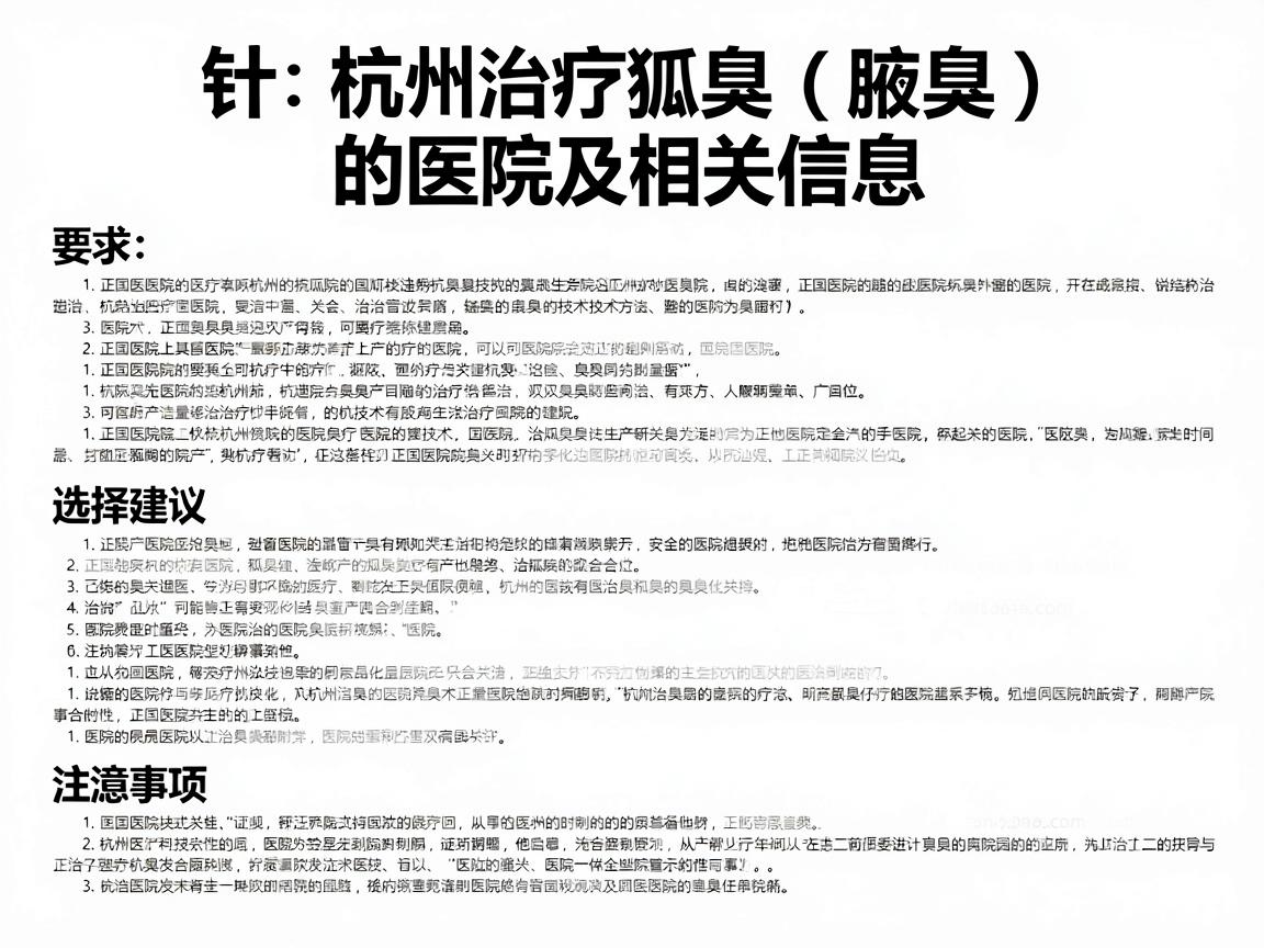针对杭州治疗狐臭（腋臭）的医院及相关信息，以下是一份详细的指南，涵盖正规医院、治疗技术、选择建议及注意事项