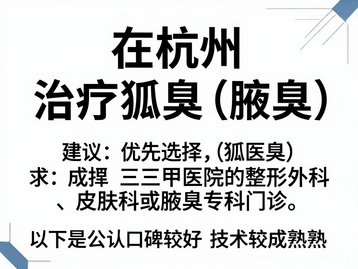 在杭州，治疗狐臭（腋臭）建议优先选择三甲医院的整形外科、皮肤科或腋臭专科门诊。以下是公认口碑较好、技术较成熟的医院推荐，供你参考