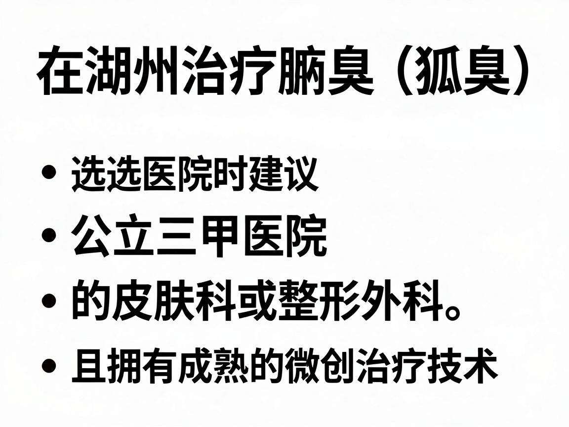 在湖州治疗腋臭（狐臭）选择医院时建议优先考虑公立三甲医院的皮肤科或整形外科。这类医院医疗规范、收费透明，且拥有成熟的微创治疗技术