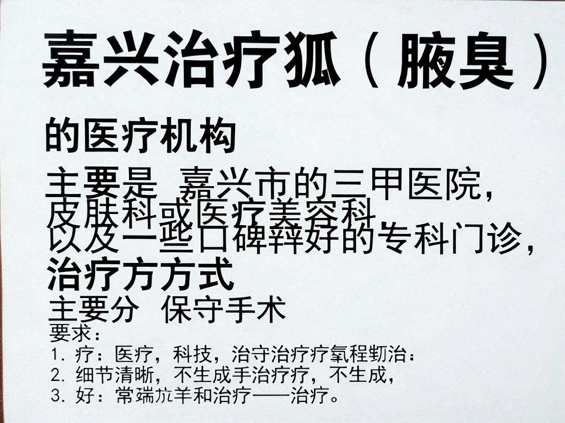 嘉兴治疗狐臭（腋臭）的医疗机构主要是嘉兴市的三甲医院皮肤科或医疗美容科，以及一些口碑较好的专科门诊。治疗方式主要分为保守治疗和手术治疗
