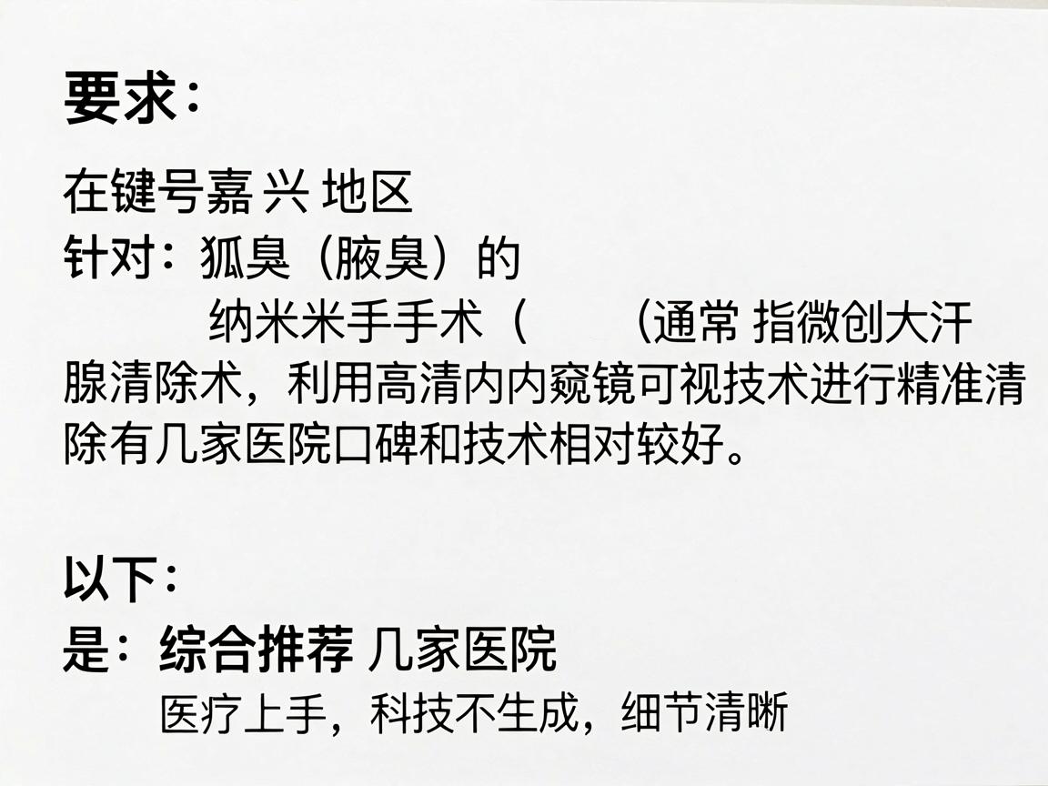 在嘉兴地区，针对狐臭（腋臭）的纳米手术（通常指微创大汗腺清除术，利用高清内窥镜或可视技术进行精准清除）有几家医院口碑和技术相对较好。以下是综合推荐的几家医院及选择建议