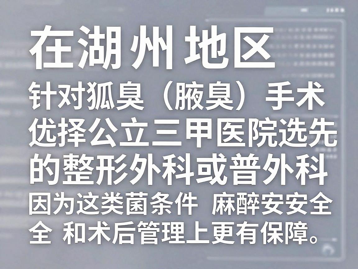 在湖州地区，针对狐臭（腋臭）手术，建议优先选择公立三甲医院的整形外科或普外科，因为这类医院在无菌条件、麻醉安全和术后管理上更有保障