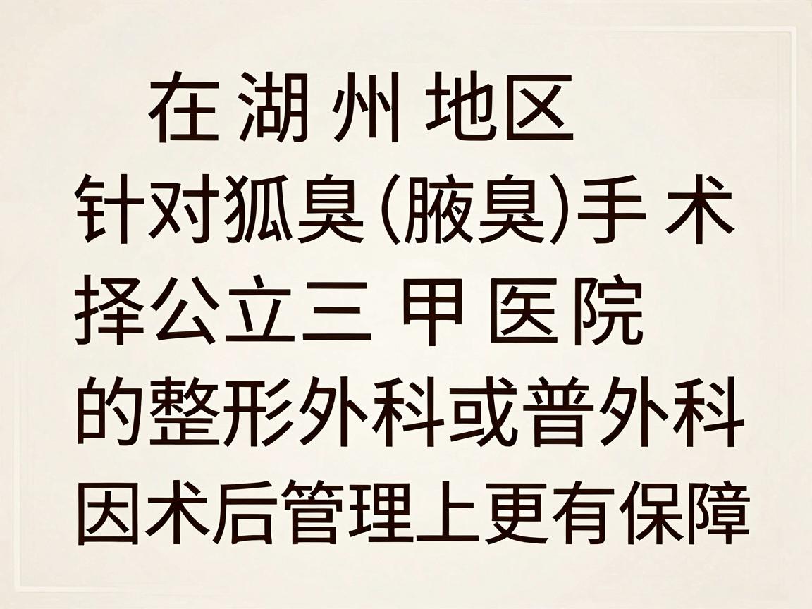 在湖州地区，针对狐臭（腋臭）手术，建议优先选择公立三甲医院的整形外科或普外科，因为这类医院在无菌条件、麻醉安全和术后管理上更有保障