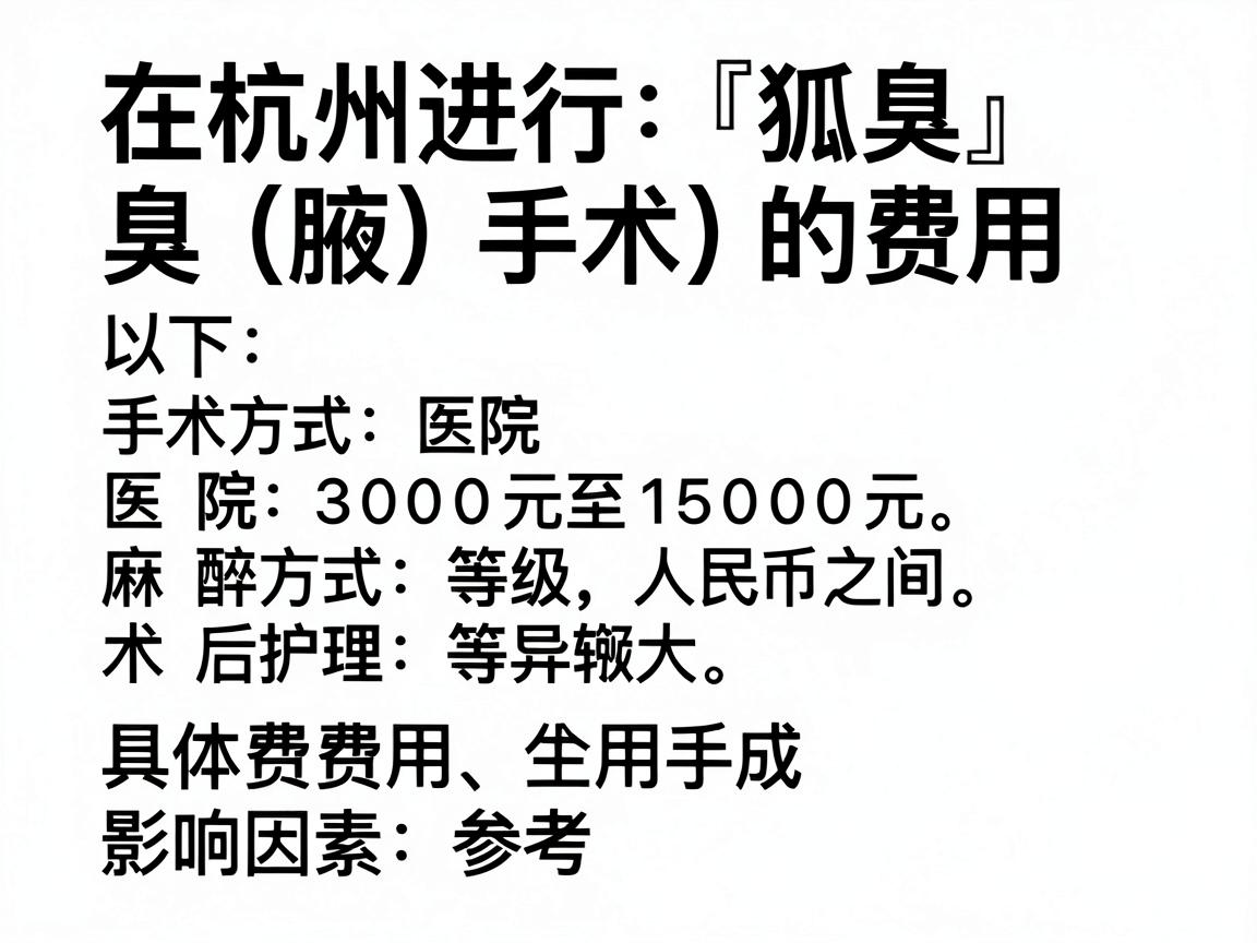 在杭州进行狐臭（腋臭）手术的费用因手术方式、医院等级、麻醉方式及术后护理等因素差异较大，大致范围在3000元至15000元人民币之间。以下为具体费用构成和影响因素供参考