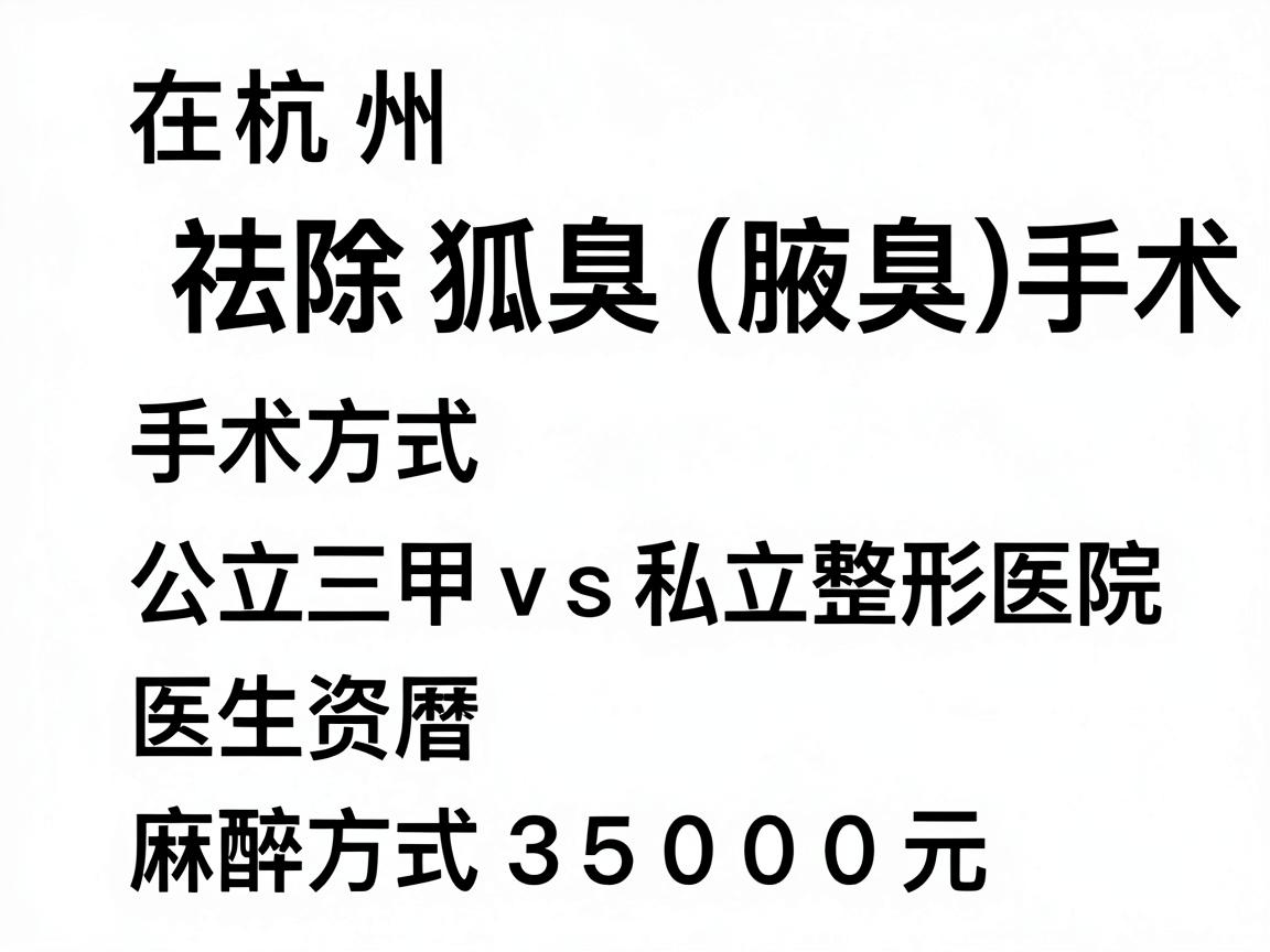 在杭州，祛除狐臭（腋臭）手术的费用因手术方式、医院等级（公立三甲 vs 私立整形医院）医生资历以及麻醉方式的不同而有较大差异。一般来说，总费用范围大约在 3000元 至 15000元 人民币之间