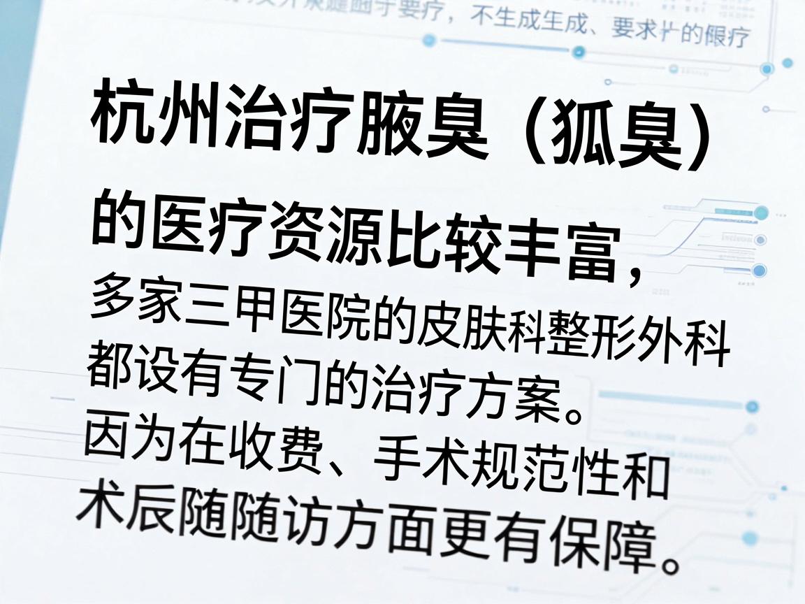 杭州治疗腋臭（狐臭）的医疗资源比较丰富，多家三甲医院的皮肤科或整形外科都设有专门的治疗方案。选择医院时，建议优先考虑公立三甲医院，因为这类医院在收费、手术规范性和术后随访方面更有保障