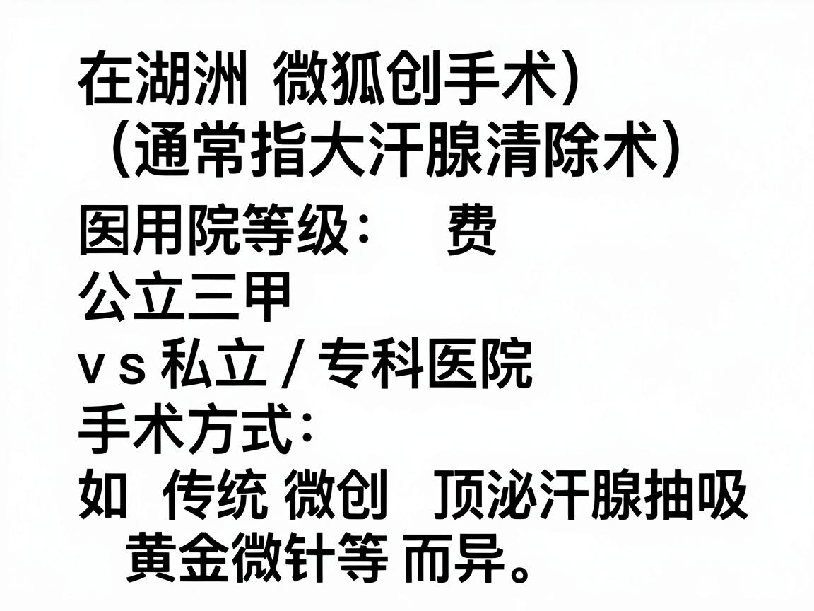 在湖州，做狐臭微创手术（通常指大汗腺清除术）的费用因医院等级（公立三甲 vs 私立/专科医院）和手术方式（如传统微创、顶泌汗腺抽吸、黄金微针等）而异。以下是大致的参考范围