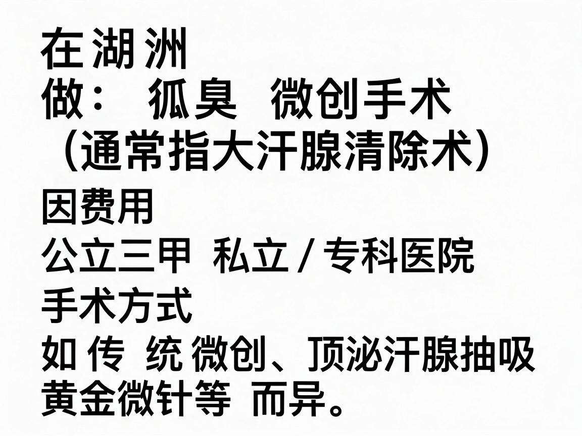 在湖州，做狐臭微创手术（通常指大汗腺清除术）的费用因医院等级（公立三甲 vs 私立/专科医院）和手术方式（如传统微创、顶泌汗腺抽吸、黄金微针等）而异。以下是大致的参考范围