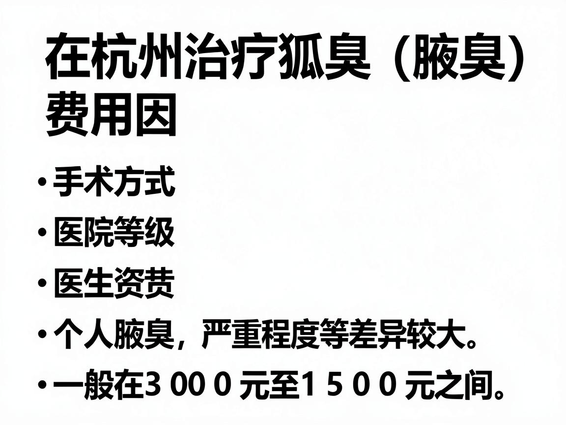 在杭州治疗狐臭(腋臭)的费用因手术方式、医院等级、医生资质、个人腋臭严重程度等因素差异较大,一般在3000元至15000元之间。以下是具体的费用参考 在杭州治疗狐臭(腋臭)的费用因手术方式、医院等级、医生资质、个人腋臭严重程度等因素差异较大,一般在3000元至15000元之间。以下是具体的费用参考