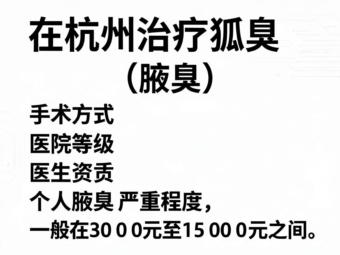 在杭州治疗狐臭(腋臭)的费用因手术方式、医院等级、医生资质、个人腋臭严重程度等因素差异较大,一般在3000元至15000元之间。以下是具体的费用参考 在杭州治疗狐臭(腋臭)的费用因手术方式、医院等级、医生资质、个人腋臭严重程度等因素差异较大,一般在3000元至15000元之间。以下是具体的费用参考