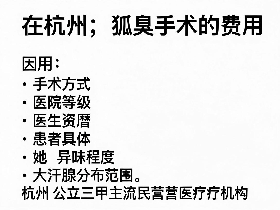 在杭州，狐臭手术的费用因手术方式、医院等级、医生资历及患者具体情况（如异味程度、大汗腺分布范围）而差异较大。以下是基于杭州公立三甲医院和主流民营医疗机构的参考价格范围