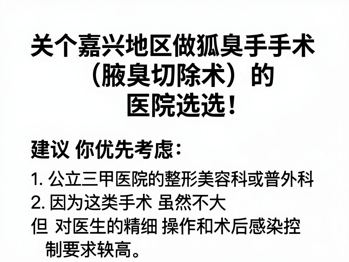关于嘉兴地区做狐臭手术（腋臭切除术）的医院选择，建议你优先考虑公立三甲医院的整形美容科或普外科，因为这类手术虽然不大，但对医生的精细操作和术后感染控制要求较高