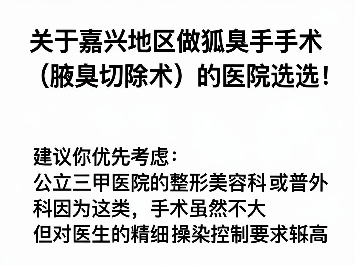 关于嘉兴地区做狐臭手术（腋臭切除术）的医院选择，建议你优先考虑公立三甲医院的整形美容科或普外科，因为这类手术虽然不大，但对医生的精细操作和术后感染控制要求较高