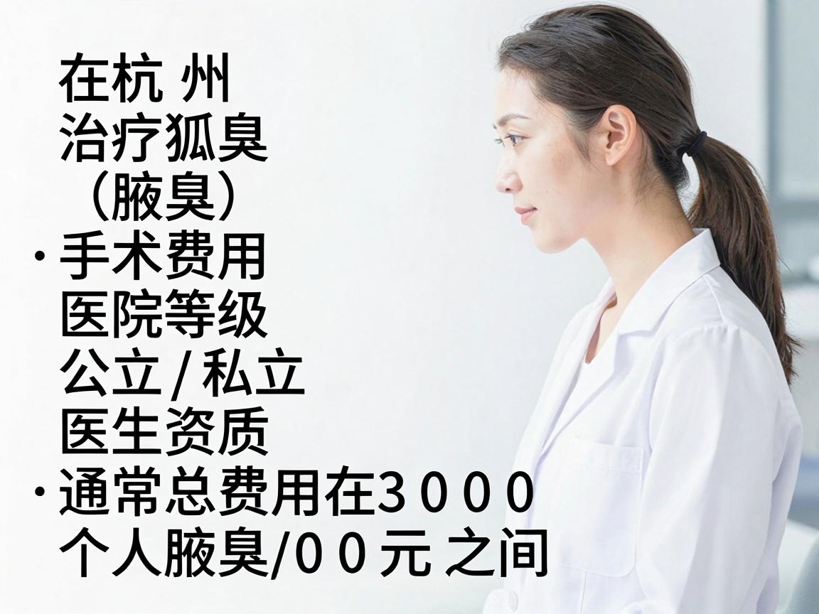 在杭州,治疗狐臭(腋臭)的手术费用因手术方式、医院等级(公立/私立)医生资质及个人腋臭严重程度而异。通常总费用在 3000元 至 15000元 之间,具体参考如下 在杭州,治疗狐臭(腋臭)的手术费用因手术方式、医院等级(公立/私立)医生资质及个人腋臭严重程度而异。通常总费用在 3000元 至 15000元 之间,具体参考如下