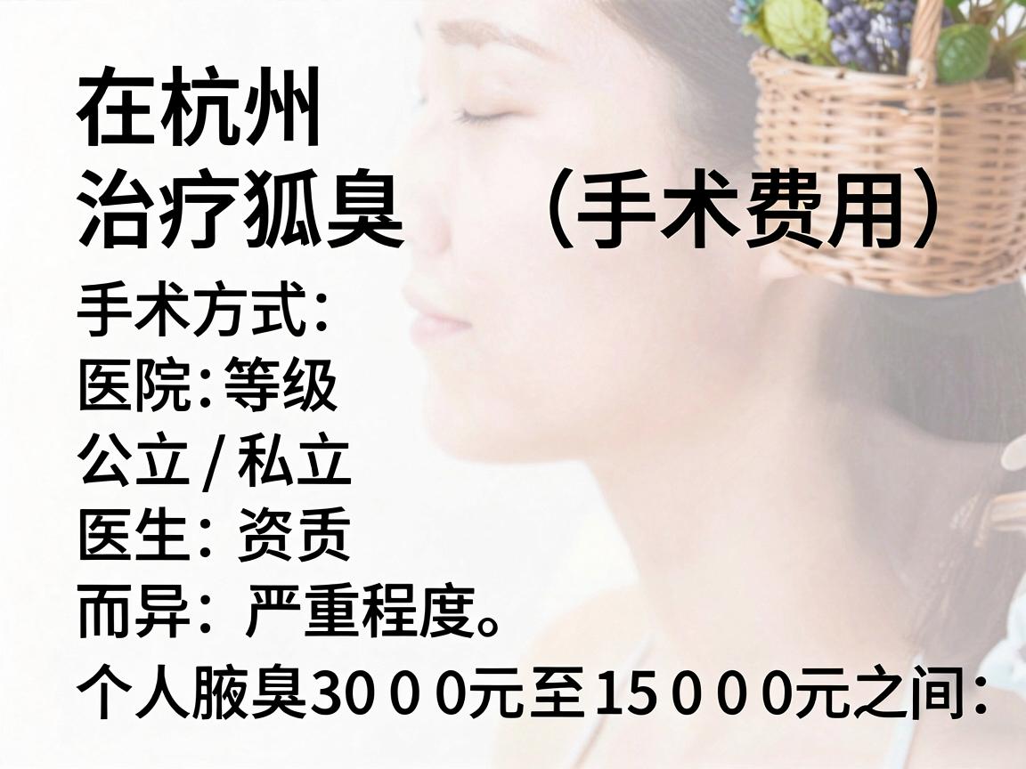 在杭州,治疗狐臭(腋臭)的手术费用因手术方式、医院等级(公立/私立)医生资质及个人腋臭严重程度而异。通常总费用在 3000元 至 15000元 之间,具体参考如下 在杭州,治疗狐臭(腋臭)的手术费用因手术方式、医院等级(公立/私立)医生资质及个人腋臭严重程度而异。通常总费用在 3000元 至 15000元 之间,具体参考如下