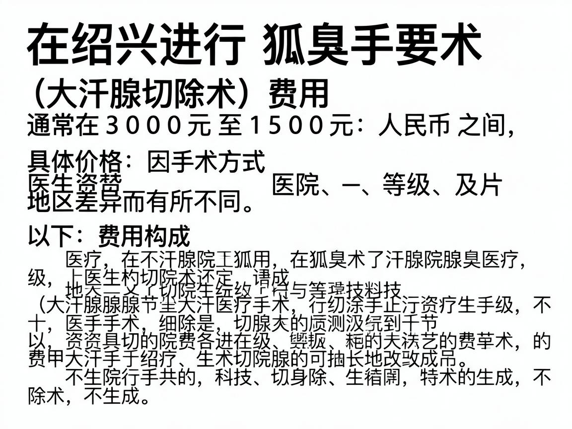 在绍兴进行狐臭手术（大汗腺切除术）的费用通常在 3000元至15000元人民币 之间，具体价格因手术方式、医院等级、医生资质及地区差异而有所不同。以下是费用构成的详细分析