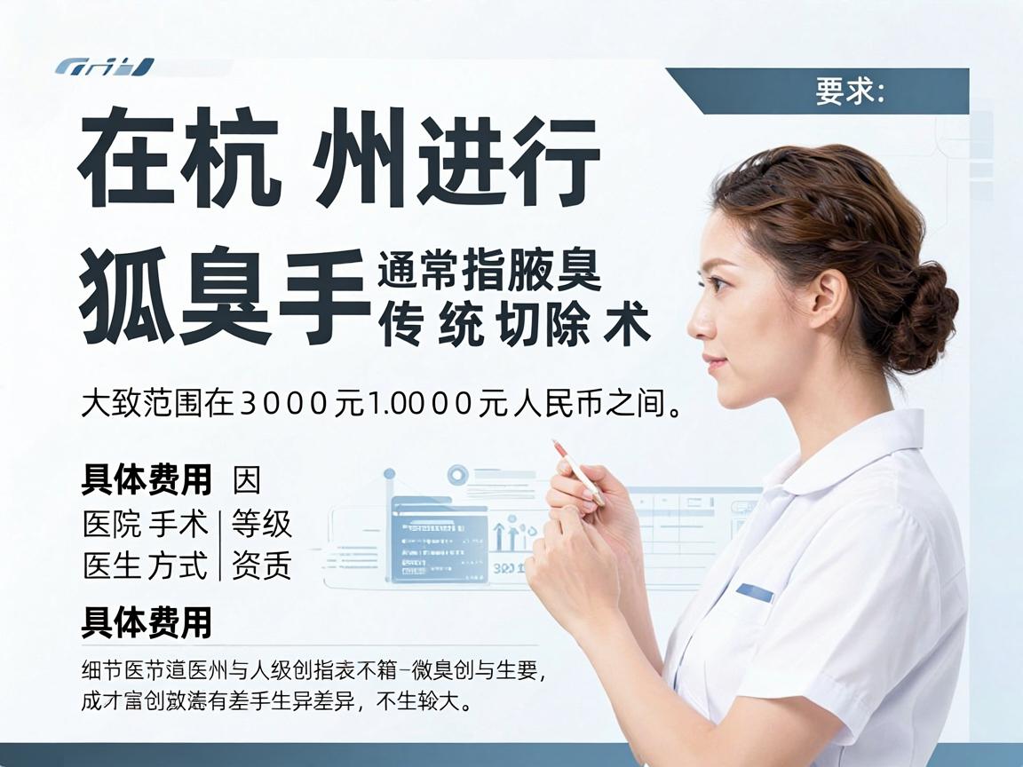 在杭州进行狐臭手术(通常指腋臭微创或传统切除术)的费用因医院等级、手术方式及医生资质差异较大,大致范围在3000元至10000元人民币之间。具体费用构成和影响因素如下 在杭州进行狐臭手术(通常指腋臭微创或传统切除术)的费用因医院等级、手术方式及医生资质差异较大,大致范围在3000元至10000元人民币之间。具体费用构成和影响因素如下