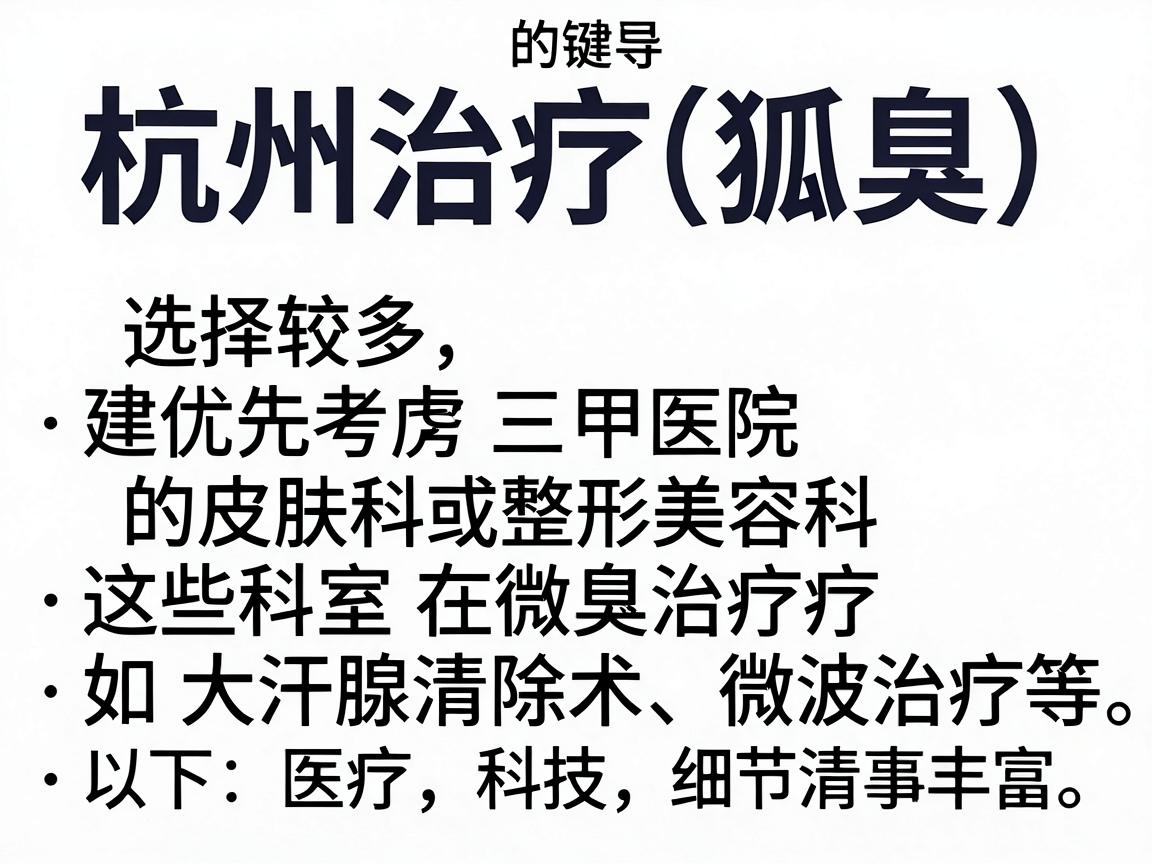杭州治疗狐臭（腋臭）的医院选择较多，建议优先考虑三甲医院的皮肤科或整形美容科，这些科室在狐臭的微创治疗（如大汗腺清除术、微波治疗等）方面经验丰富。以下是部分参考医院