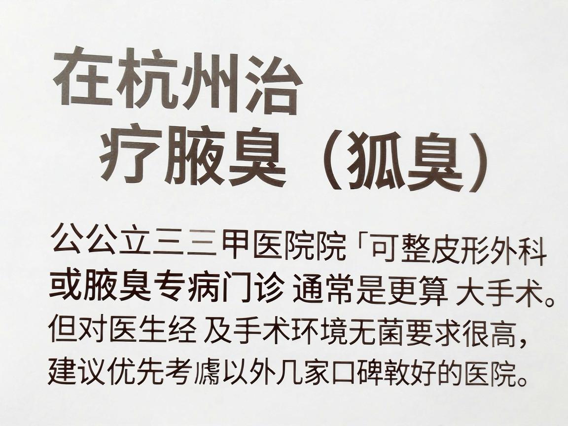 在杭州治疗腋臭(狐臭)公立三甲医院的整形外科、皮肤科或腋臭专病门诊通常是更可靠的选择。腋臭手术虽然不算大手术,但对医生经验及手术环境无菌要求很高,建议优先考虑以下几家口碑较好的医院 在杭州治疗腋臭(狐臭)公立三甲医院的整形外科、皮肤科或腋臭专病门诊通常是更可靠的选择。腋臭手术虽然不算大手术,但对医生经验及手术环境无菌要求很高,建议优先考虑以下几家口碑较好的医院