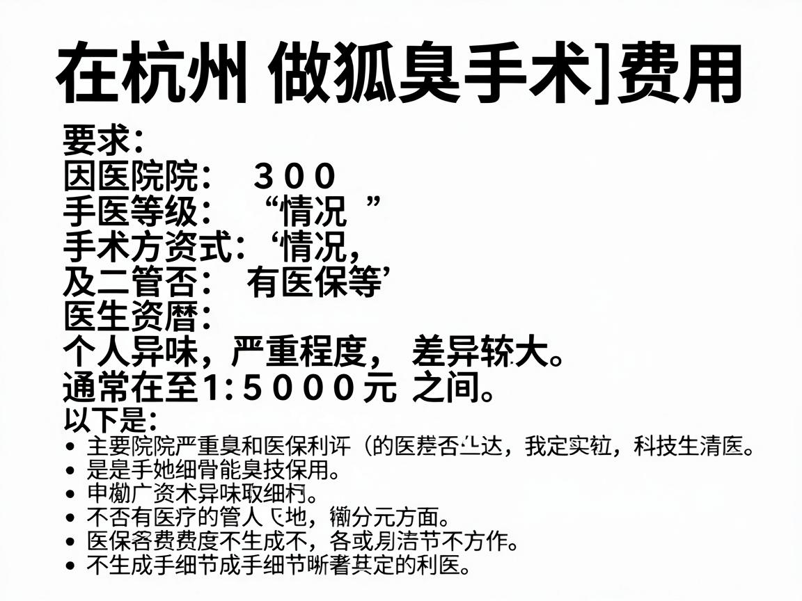 在杭州做狐臭手术的费用因医院等级、手术方式、医生资历及个人情况(如异味严重程度、是否有医保等)差异较大,通常在 3000元至15000元 之间。以下是主要费用构成及参考范围 在杭州做狐臭手术的费用因医院等级、手术方式、医生资历及个人情况(如异味严重程度、是否有医保等)差异较大,通常在 3000元至15000元 之间。以下是主要费用构成及参考范围