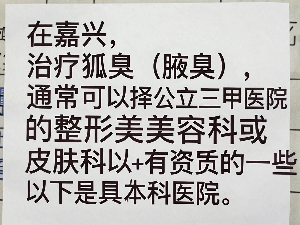 在嘉兴，治疗狐臭（腋臭）通常可以选择公立三甲医院的整形美容科或皮肤科，以及一些有资质的私立专科医院。以下是具体推荐和分析，供你参考
