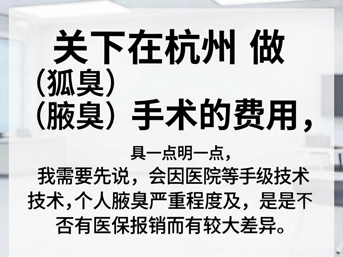 关于在杭州做狐臭（腋臭）手术的费用，我需要先说明一点，具体价格会因医院等级、手术技术、个人腋臭严重程度及是否有医保报销而有较大差异