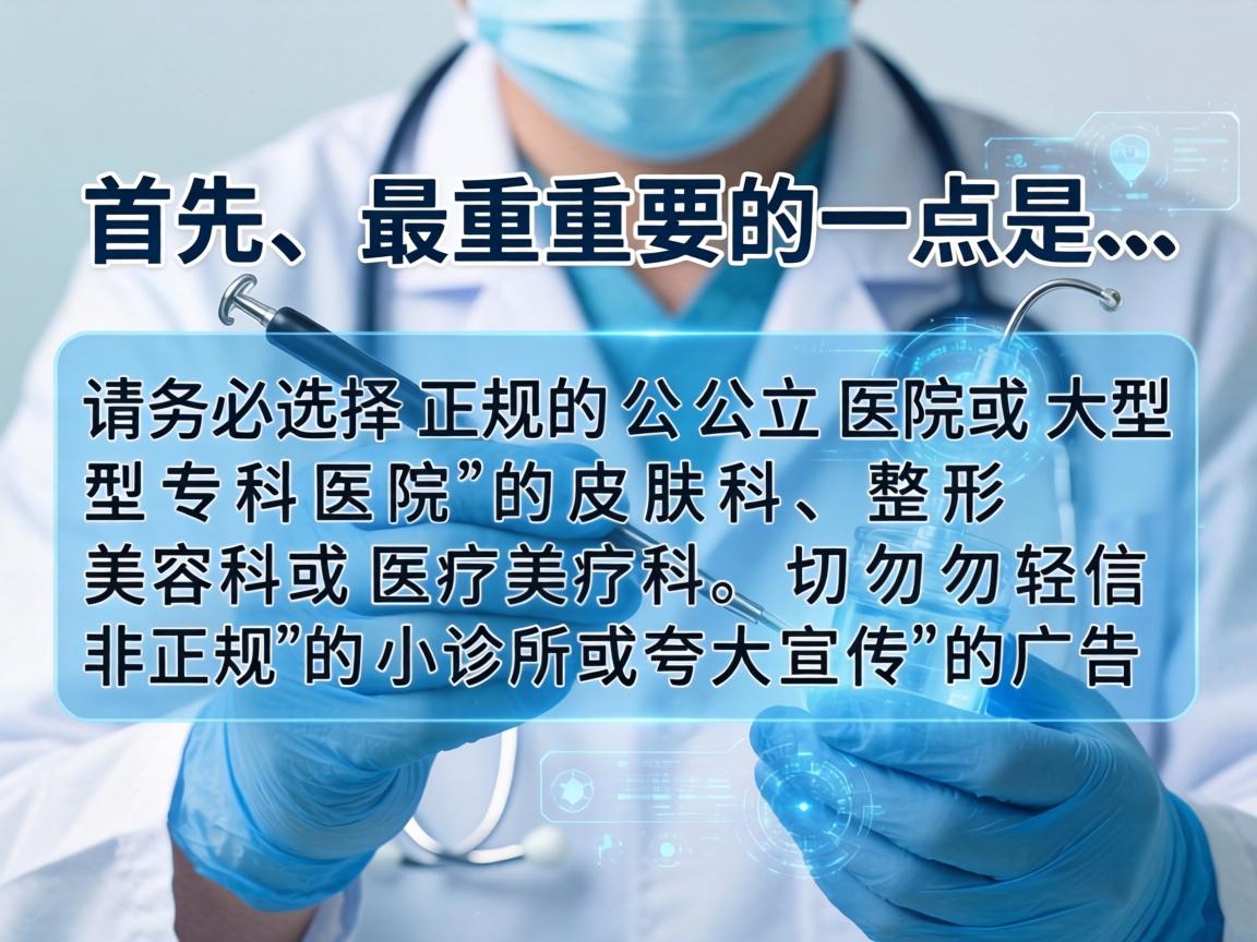 首先，最重要的一点是，请务必选择正规的公立医院或大型专科医院的皮肤科、整形美容科或医疗美容科。切勿轻信非正规的小诊所或夸大宣传的广告
