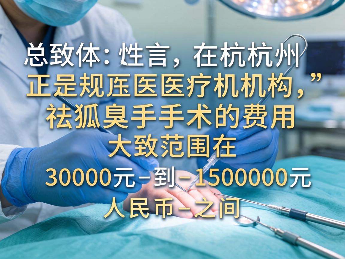总体而言，在杭州正规医疗机构，祛狐臭手术的费用大致范围在 3000元 到 15000元 人民币 之间