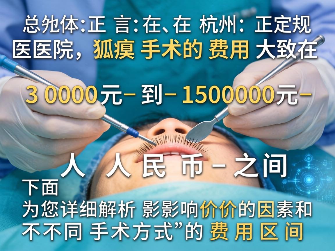 总体而言，在杭州正规医院，狐臭手术的费用大致在 3000元 到 15000元 人民币 之间。下面为您详细解析影响价格的因素和不同手术方式的费用区间