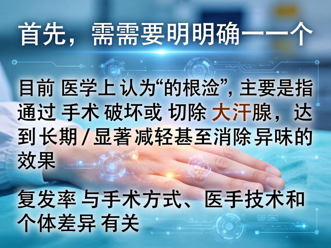 首先，需要明确一个核心概念，目前医学上认为的根治，主要是指通过手术破坏或切除大汗腺，达到长期、显著减轻甚至消除异味的效果。复发率与手术方式、医生技术和个体差异有关