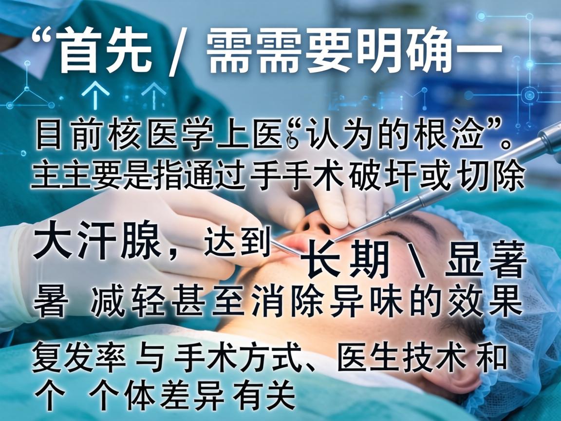 首先，需要明确一个核心概念，目前医学上认为的根治，主要是指通过手术破坏或切除大汗腺，达到长期、显著减轻甚至消除异味的效果。复发率与手术方式、医生技术和个体差异有关