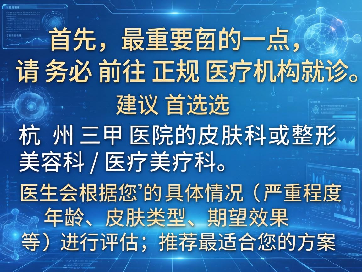 首先，最重要的一点，请务必前往正规医疗机构就诊。建议首选 杭州三甲医院的皮肤科或整形美容科/医疗美容科。医生会根据您的具体情况（严重程度、年龄、皮肤类型、期望效果等）进行评估，推荐最适合您的方案
