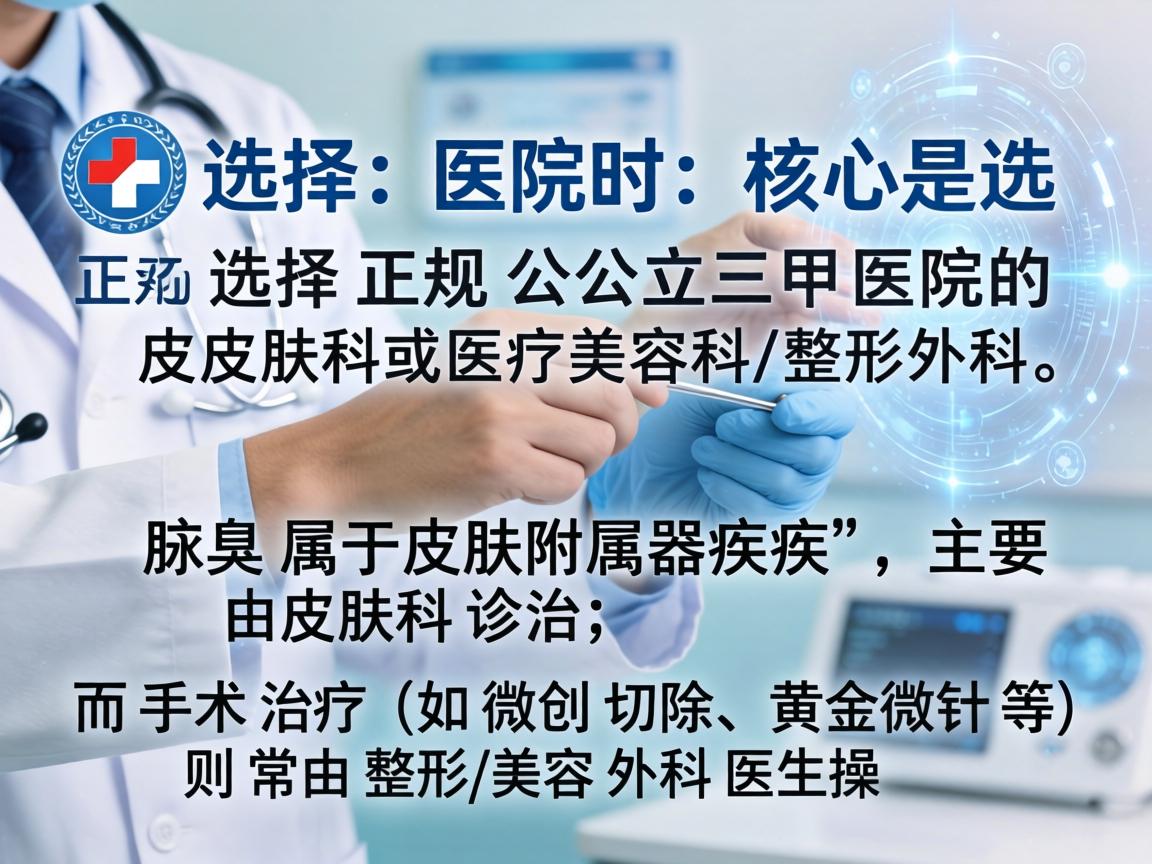 选择医院时，核心是选择 正规公立三甲医院的皮肤科或医疗美容科/整形外科。腋臭属于皮肤附属器疾病，主要由皮肤科诊治；而手术治疗（如微创切除、黄金微针等）则常由整形/美容外科医生操作