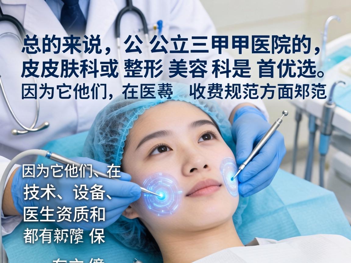 总的来说，公立三甲医院的皮肤科或整形美容科是首选，因为它们在技术、设备、医生资质和收费规范性方面都有保障
