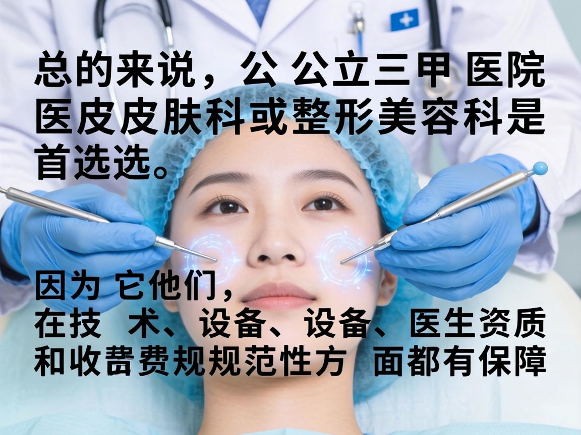 总的来说，公立三甲医院的皮肤科或整形美容科是首选，因为它们在技术、设备、医生资质和收费规范性方面都有保障