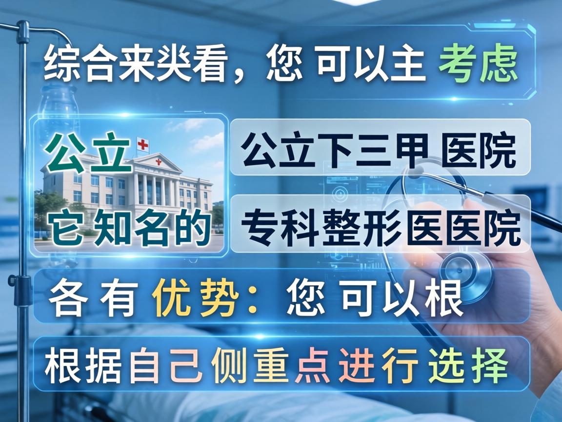 综合来看，您可以主要考虑以下两类医院，公立三甲医院和知名的专科整形医院。它们各有优势，您可以根据自己的侧重点进行选择