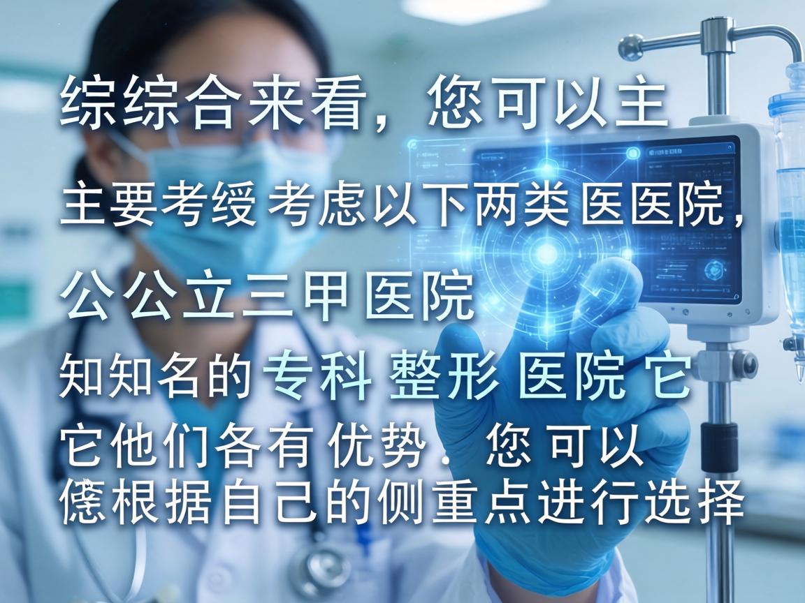综合来看，您可以主要考虑以下两类医院，公立三甲医院和知名的专科整形医院。它们各有优势，您可以根据自己的侧重点进行选择