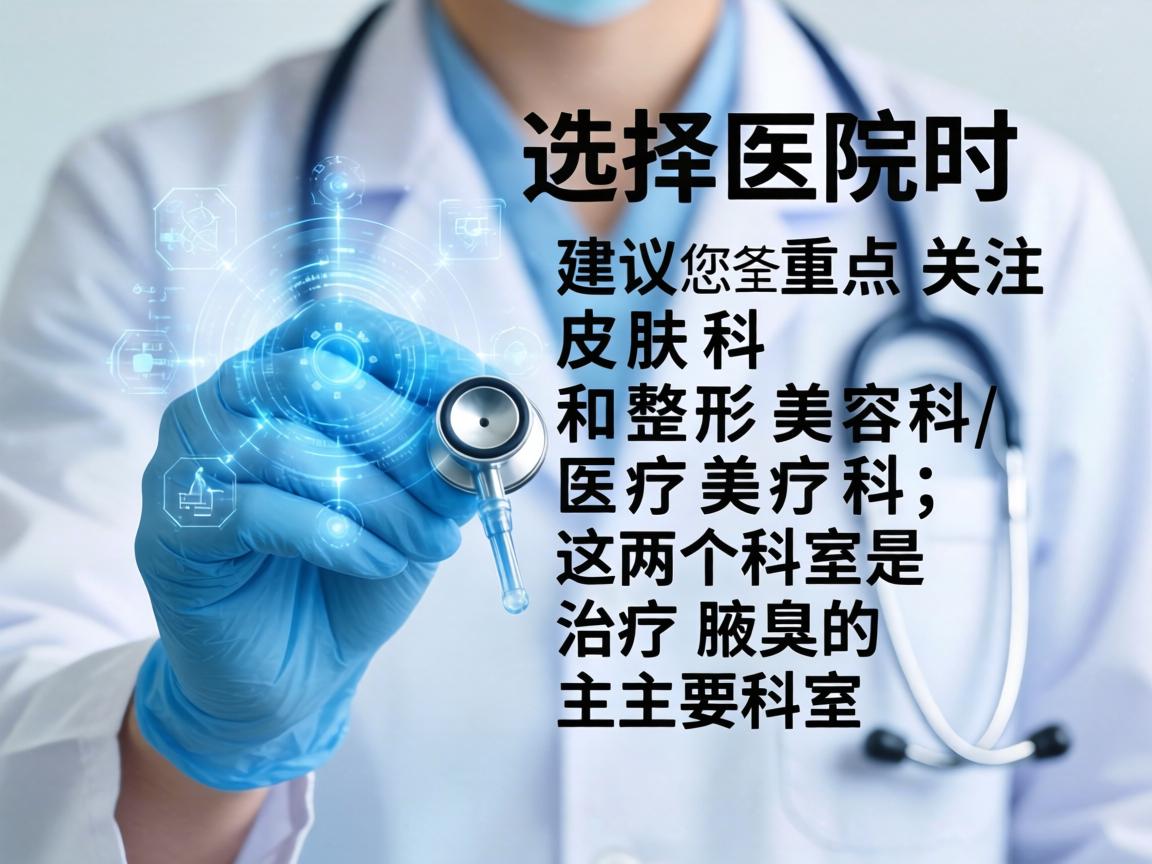 选择医院时，建议您重点关注 皮肤科 和 整形美容科/医疗美容科，这两个科室是治疗腋臭的主要科室
