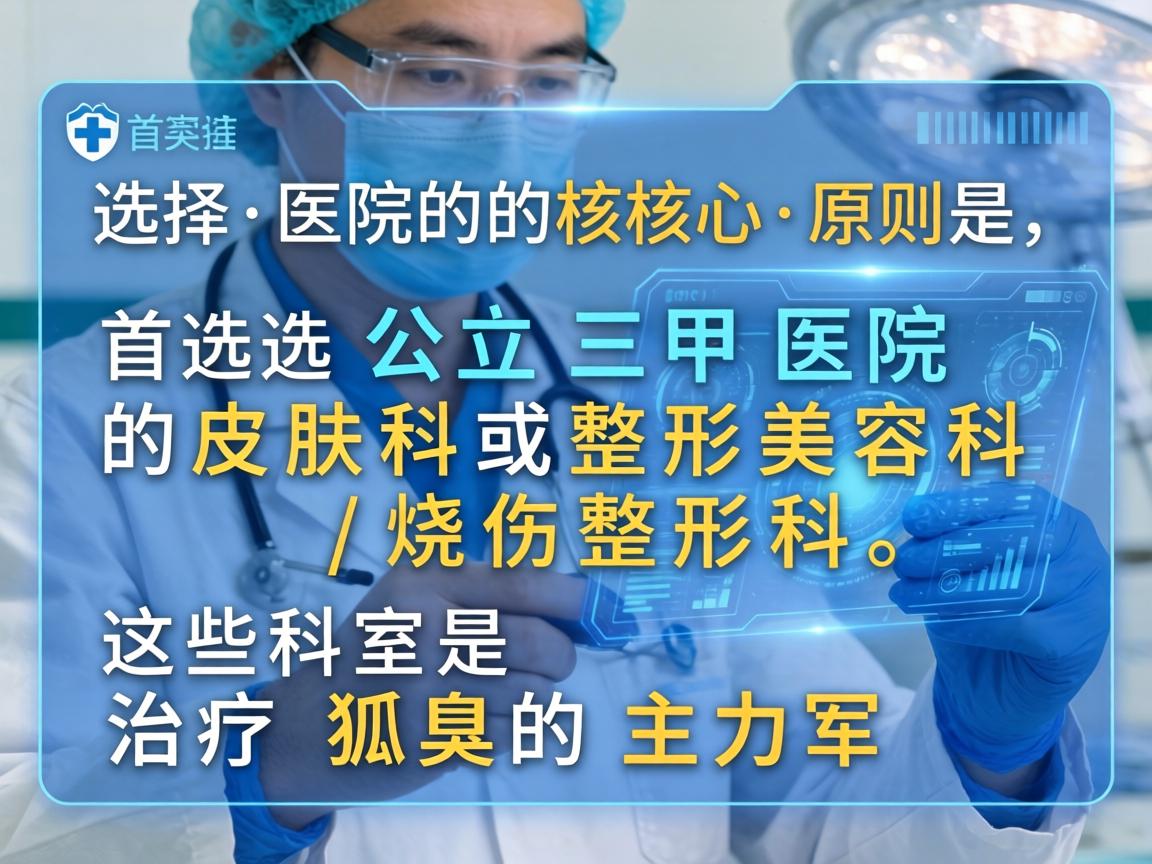 选择医院的核心原则是，首选公立三甲医院的皮肤科或整形美容科/烧伤整形科。这些科室是治疗狐臭的主力军