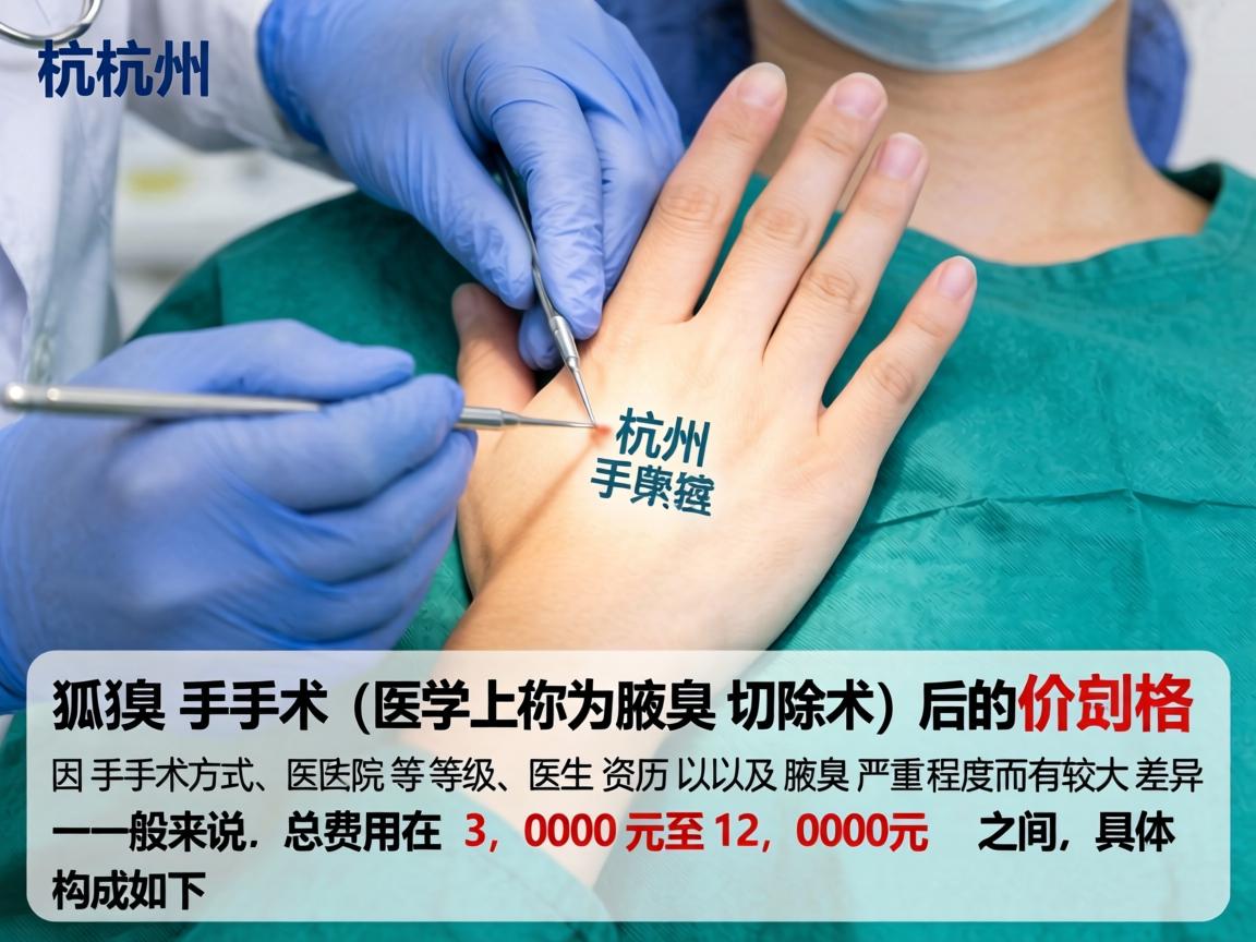 在杭州，狐臭手术（医学上称为腋臭切除术）的价格因手术方式、医院等级、医生资历以及腋臭严重程度而有较大差异。一般来说，总费用在 3,000元至12,000元 之间，具体构成如下