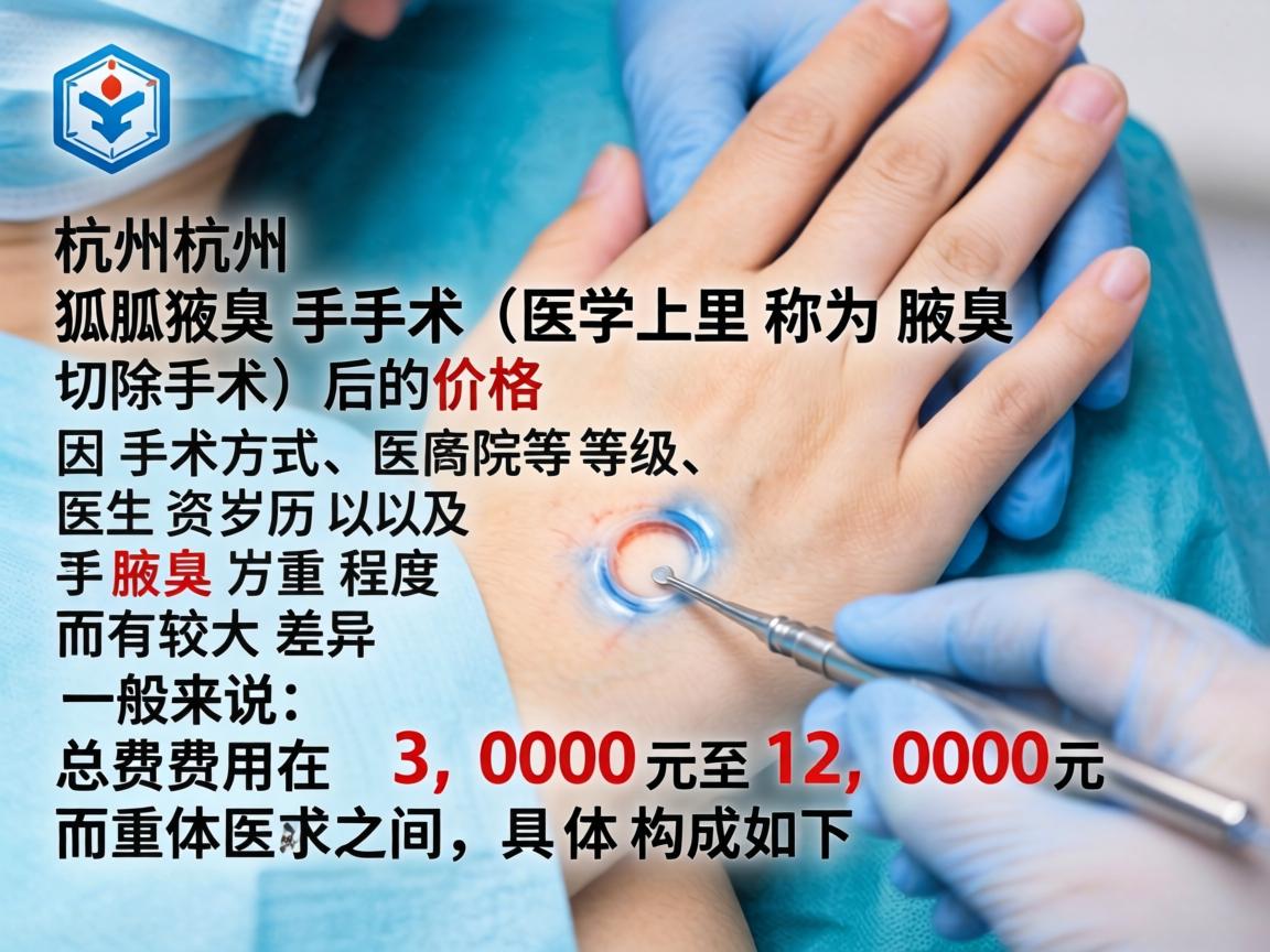 在杭州，狐臭手术（医学上称为腋臭切除术）的价格因手术方式、医院等级、医生资历以及腋臭严重程度而有较大差异。一般来说，总费用在 3,000元至12,000元 之间，具体构成如下