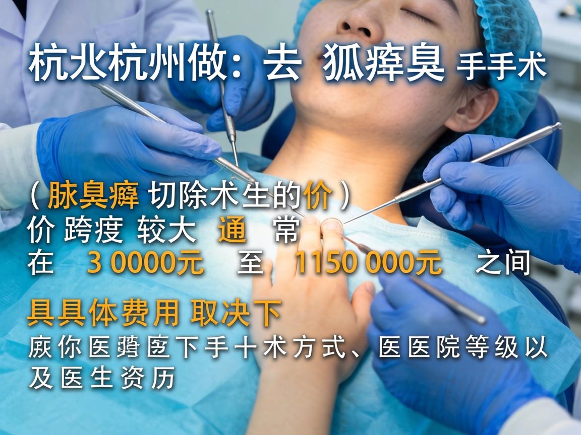 在杭州做去狐臭手术（腋臭切除术）的价格跨度较大，通常在 3000元 至 15000元 之间。具体费用取决于手术方式、医院等级以及医生资历