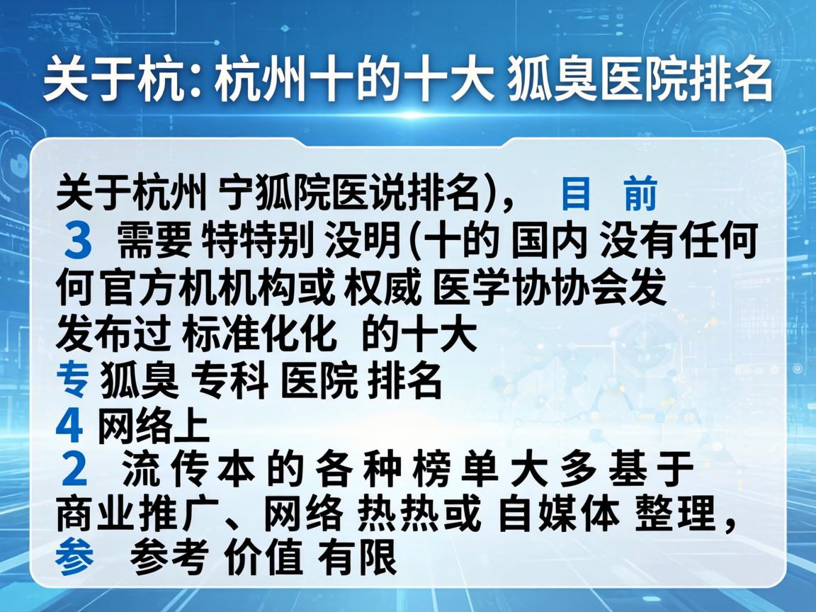 关于杭州十大狐臭医院排名，需要特别说明，目前国内没有任何官方机构或权威医学协会发布过标准化的十大狐臭专科医院排名。网络上流传的各种榜单大多基于商业推广、网络热度或自媒体整理，参考价值有限