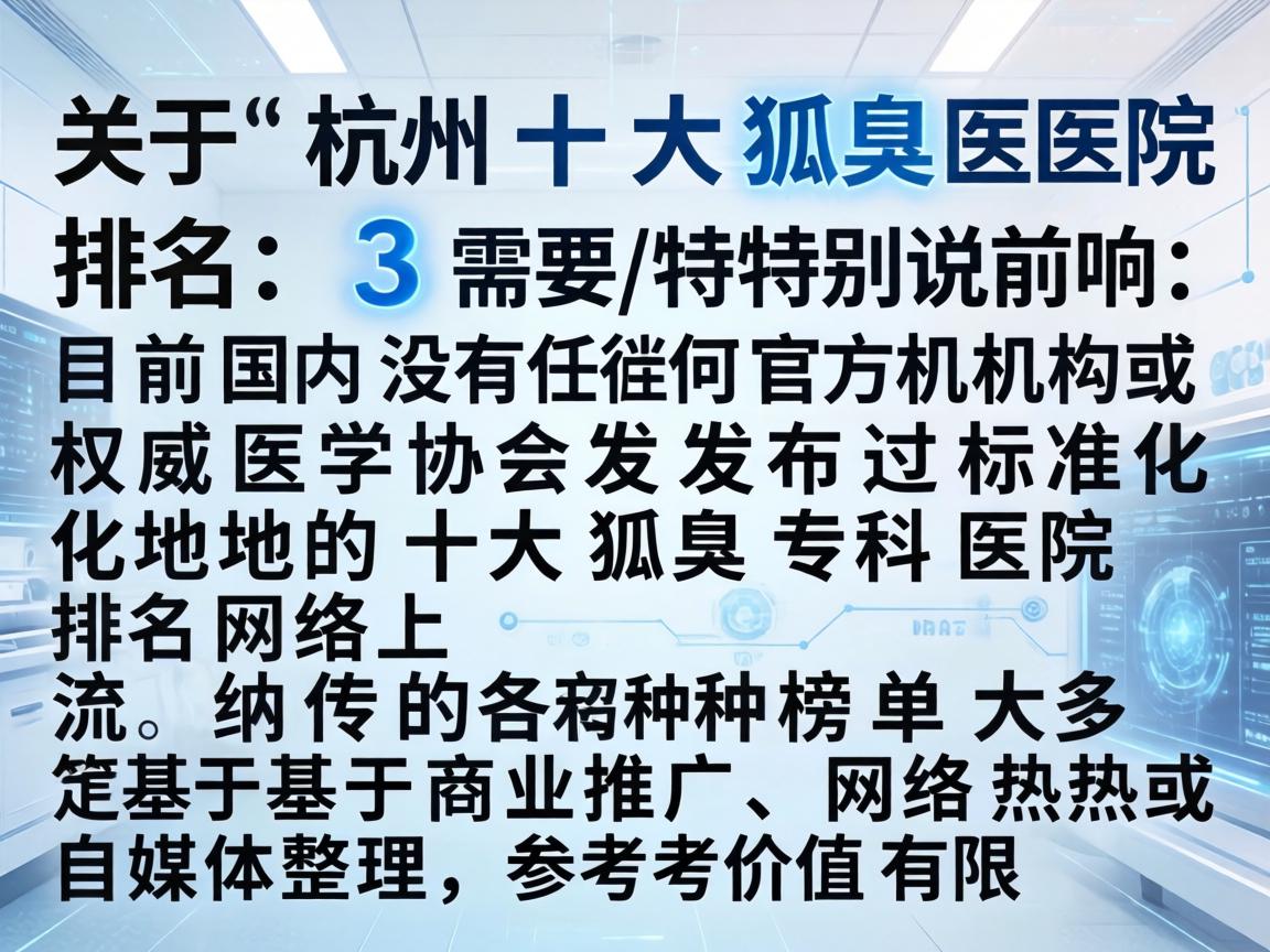 关于杭州十大狐臭医院排名，需要特别说明，目前国内没有任何官方机构或权威医学协会发布过标准化的十大狐臭专科医院排名。网络上流传的各种榜单大多基于商业推广、网络热度或自媒体整理，参考价值有限