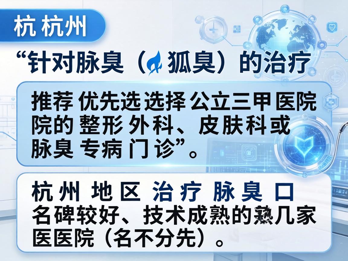 在杭州，针对腋臭（狐臭）的治疗，推荐优先选择公立三甲医院的整形外科、皮肤科或腋臭专病门诊。以下是杭州地区治疗腋臭口碑较好、技术成熟的几家医院（排名不分先后）