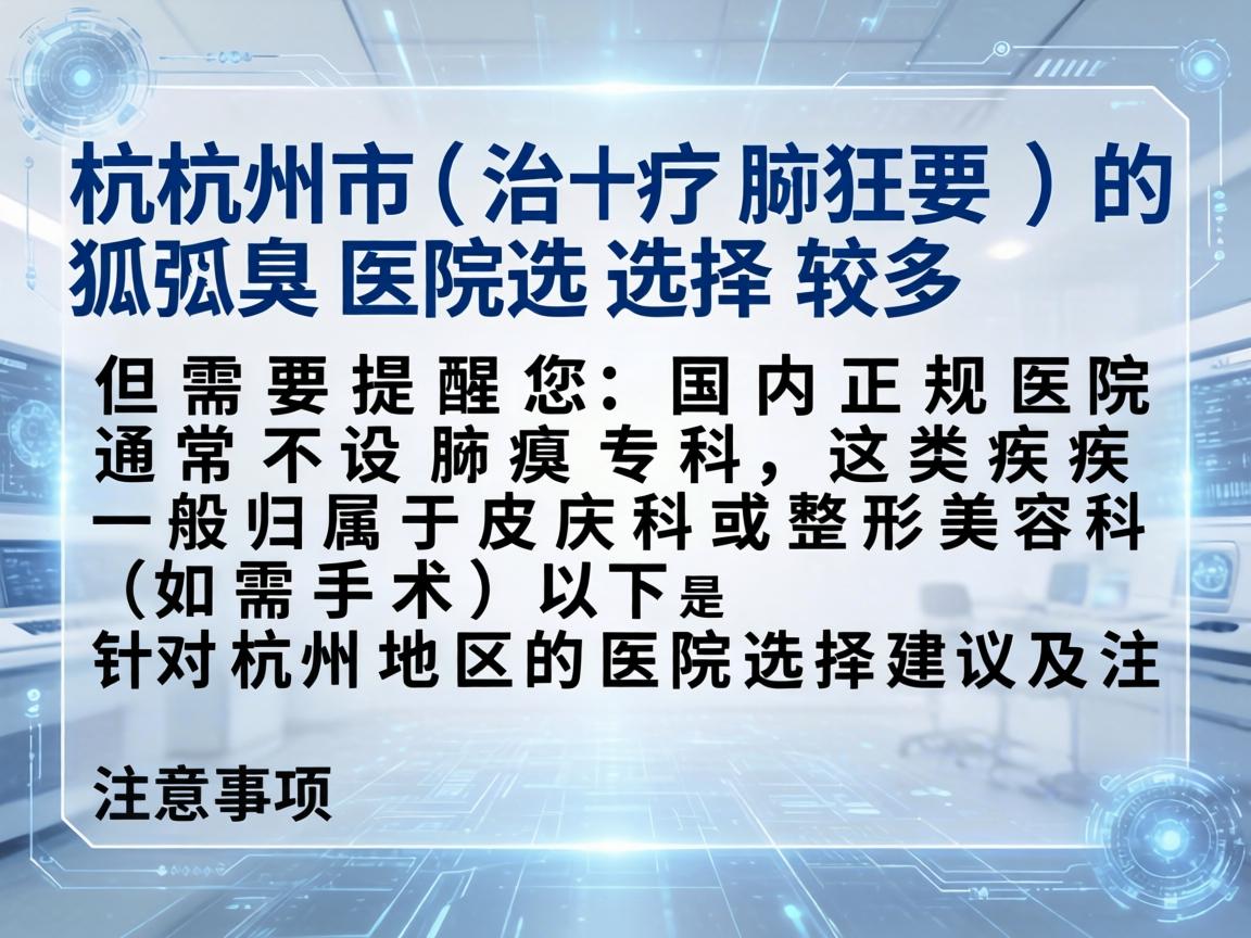 杭州市治疗腋臭（狐臭）的医院选择较多，但需要提醒您，国内正规医院通常不设腋臭专科，这类疾病一般归属于皮肤科或整形美容科（如需手术）以下是针对杭州地区的医院选择建议及注意事项
