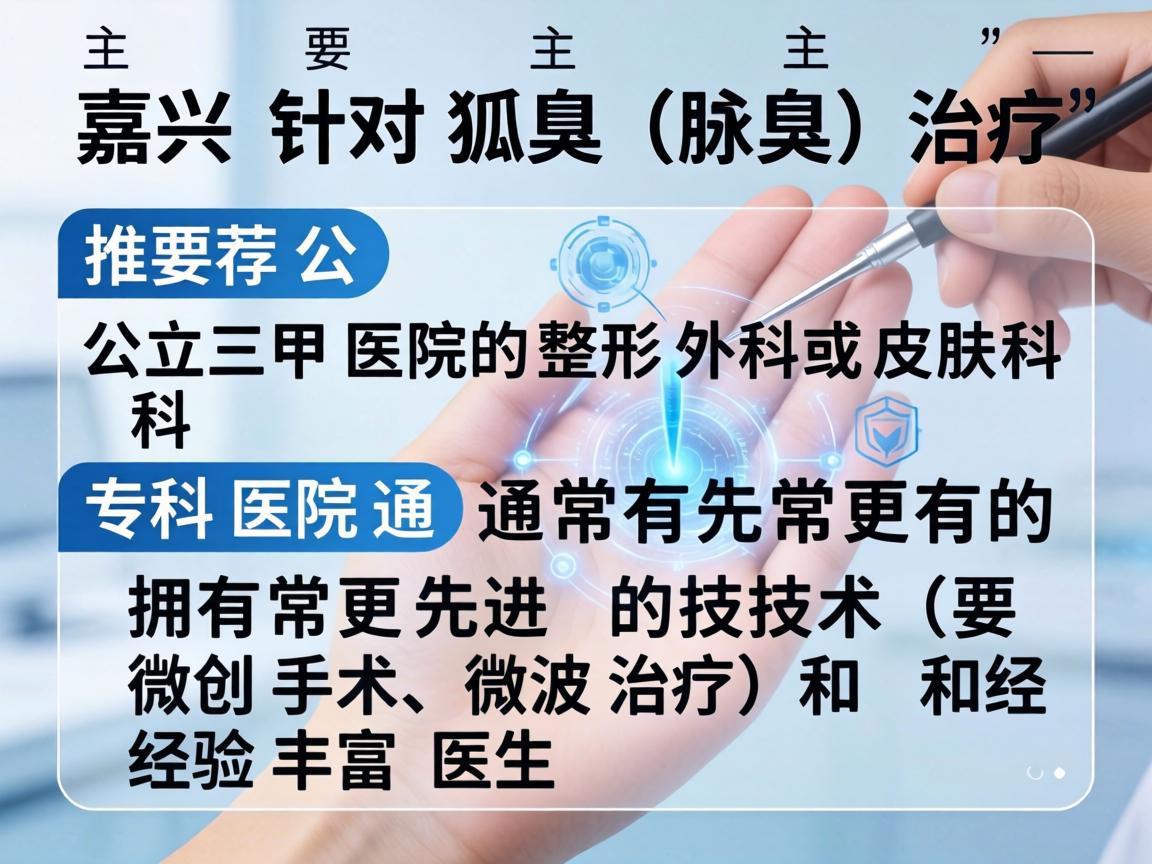 在嘉兴，针对狐臭（腋臭）的治疗，主要推荐公立三甲医院的整形外科或皮肤科。专科医院通常拥有更先进的技术（如微创手术、微波治疗）和经验丰富的医生