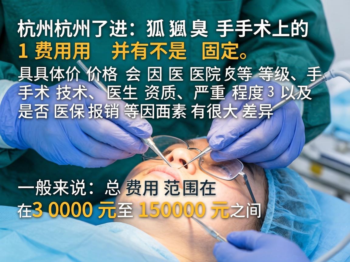 在杭州进行狐臭手术的费用并不是固定的，具体价格会因医院等级、手术技术、医生资质、严重程度以及是否医保报销等因素有很大差异。一般来说，总费用范围在3000元至15000元之间