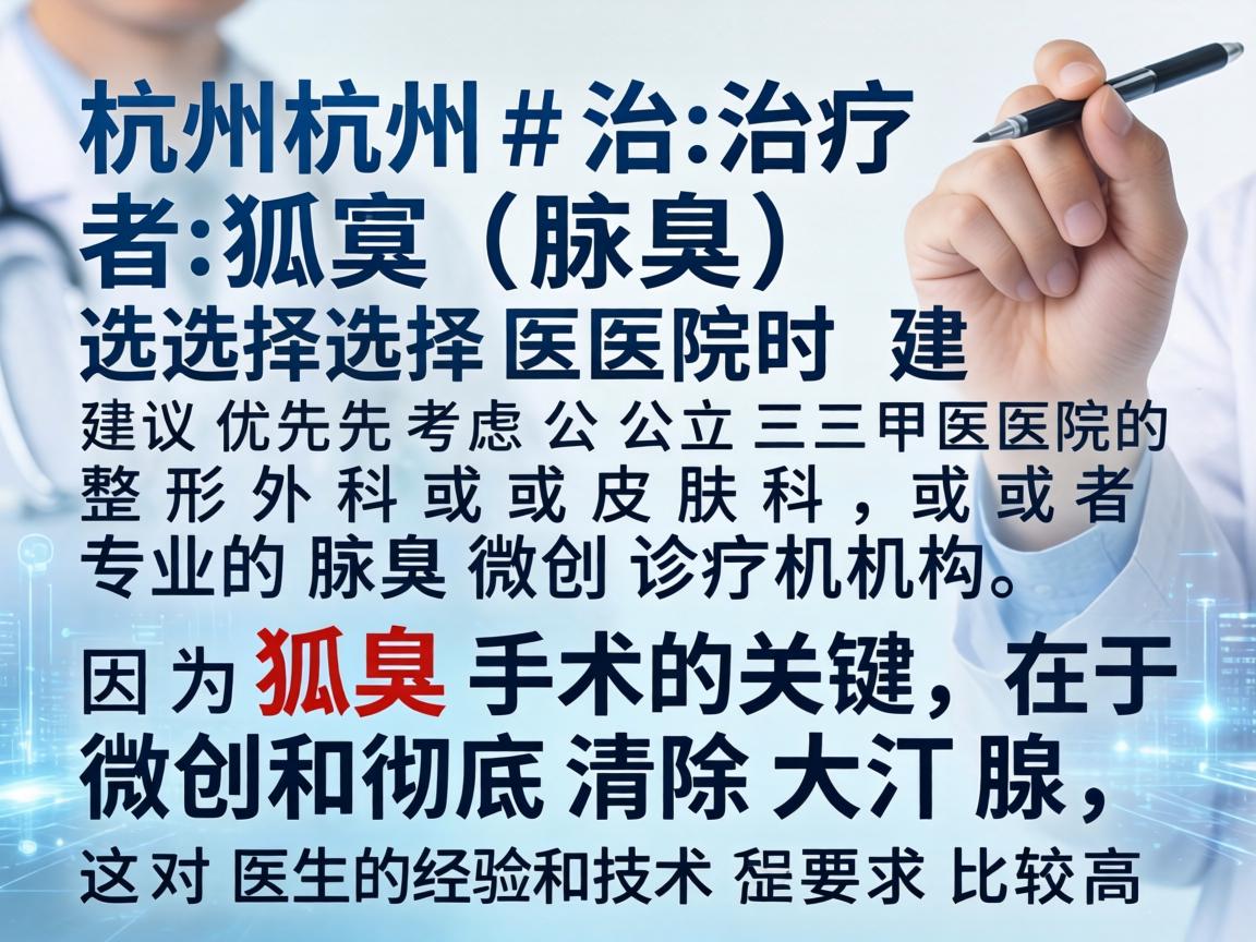 在杭州治疗狐臭（腋臭）选择医院时建议优先考虑公立三甲医院的整形外科或皮肤科，或者专业的腋臭微创诊疗机构。因为狐臭手术的关键在于微创和彻底清除大汗腺，这对医生的经验和技术要求比较高