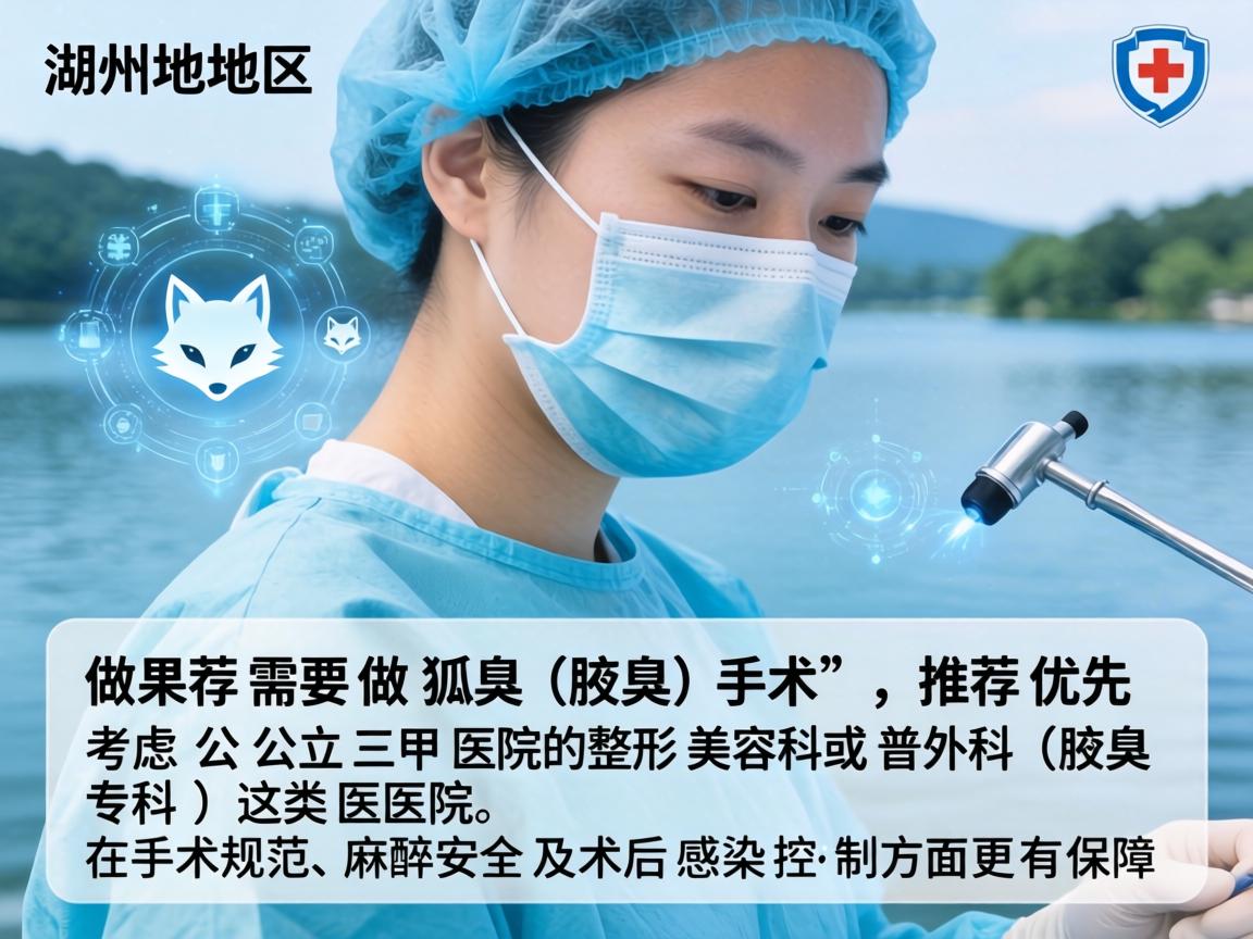 在湖州地区，如果需要做狐臭（腋臭）手术，推荐优先考虑公立三甲医院的整形美容科或普外科（腋臭专科）这类医院在手术规范、麻醉安全及术后感染控制方面更有保障